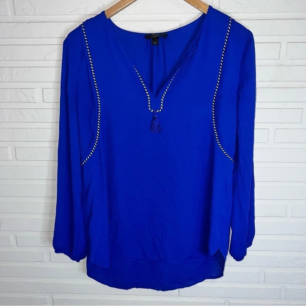 J. Crew Blue Tassel Trim V-Neck Long Sleeve Blouse, Women’s Size 0